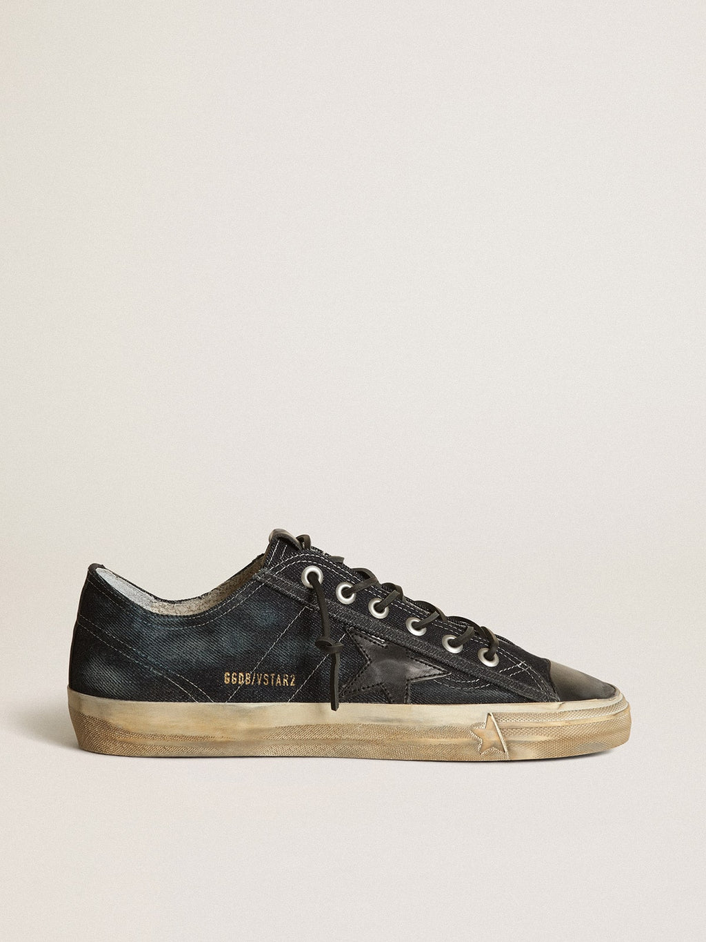 V-Star sneakers in midnight-blue denim with black leather star and toe| Golden Goose