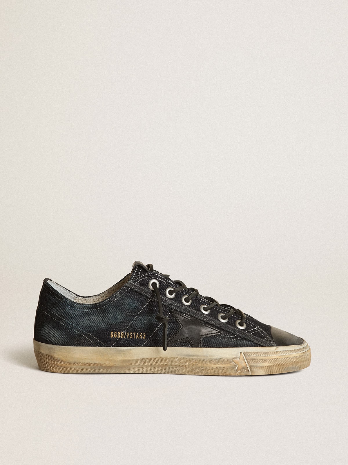 V-Star sneakers in midnight-blue denim with black leather star and toe| Golden Goose