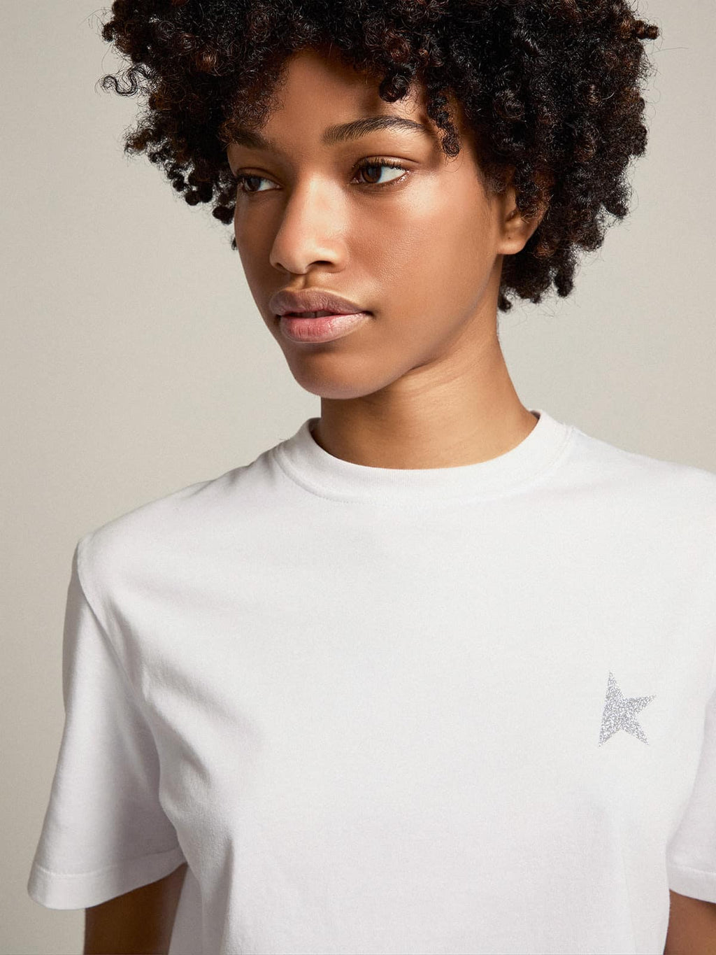 Women's white T-shirt with silver glitter star on the front| Golden Goose