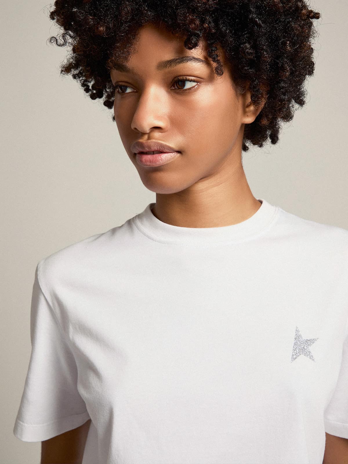 Women's white T-shirt with silver glitter star on the front| Golden Goose