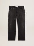 Men's distressed black cotton jeans with front patches| Golden Goose