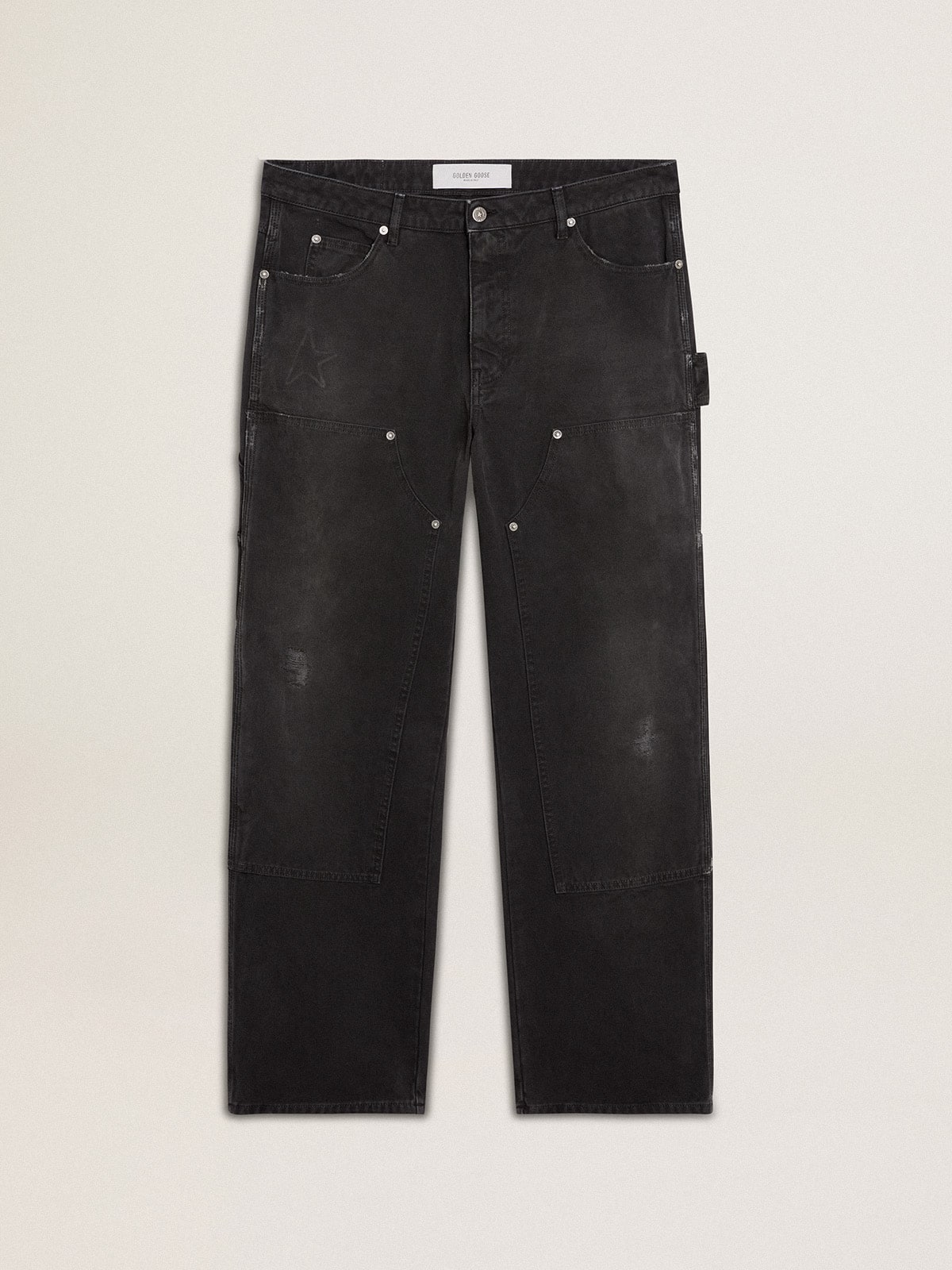 Men's distressed black cotton jeans with front patches| Golden Goose