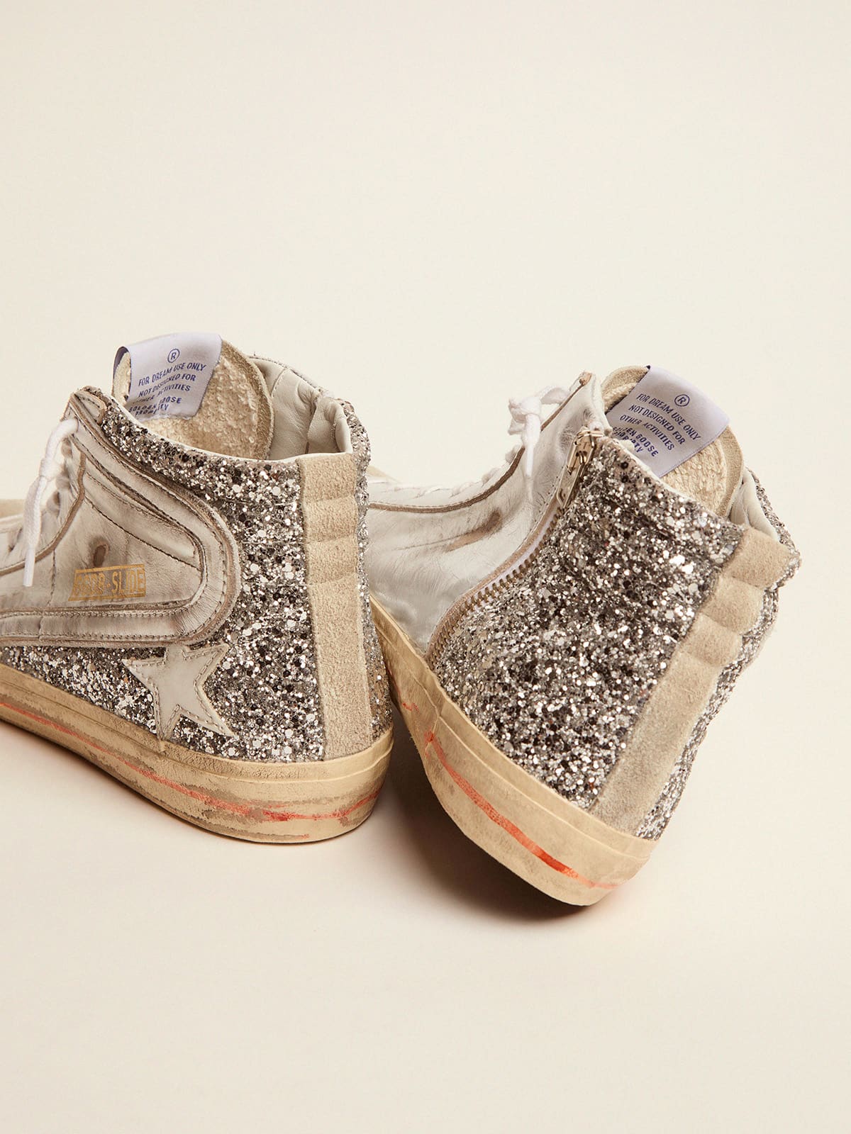 Women's Slide with laminated leather upper and silver glitter| Golden Goose