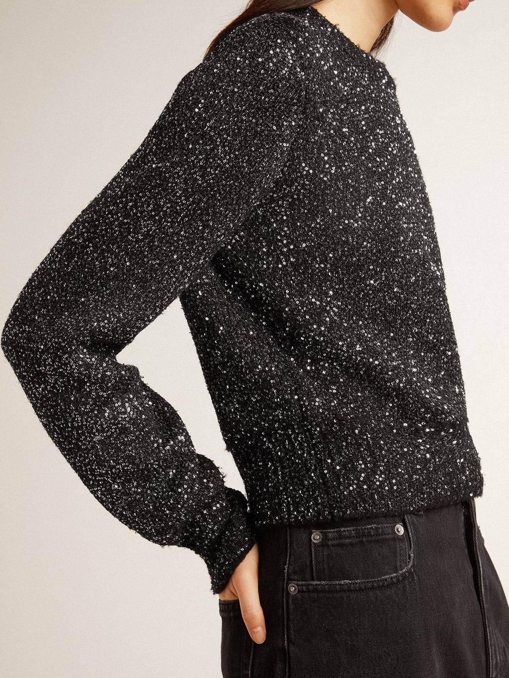 Women's black wool blend cropped sweater with all-over sequins| Golden Goose