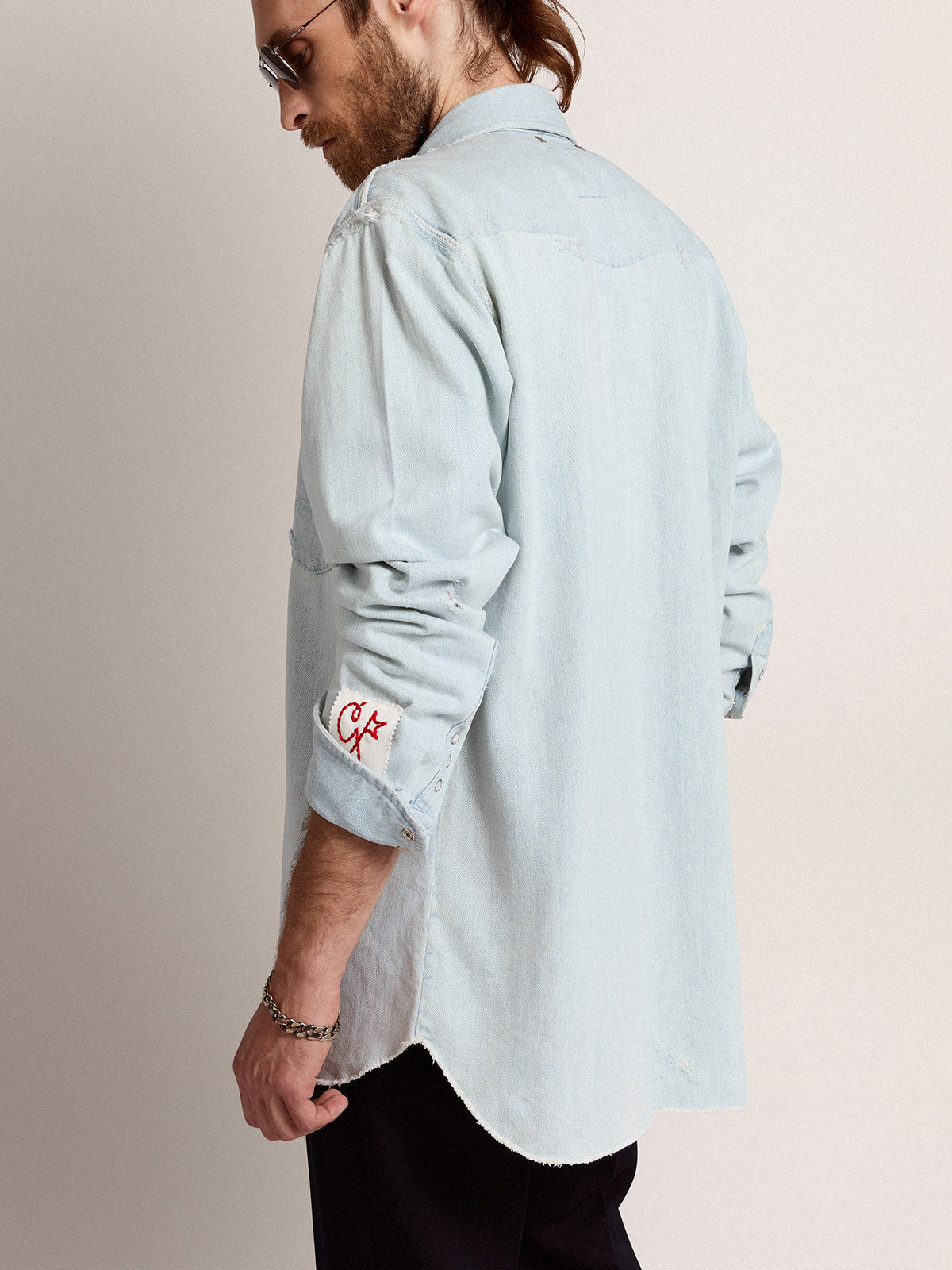 Men's bleached denim shirt with hammered studs| Golden Goose