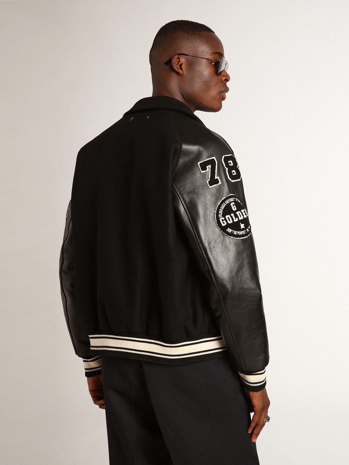 Black wool bomber jacket with patch| Golden Goose