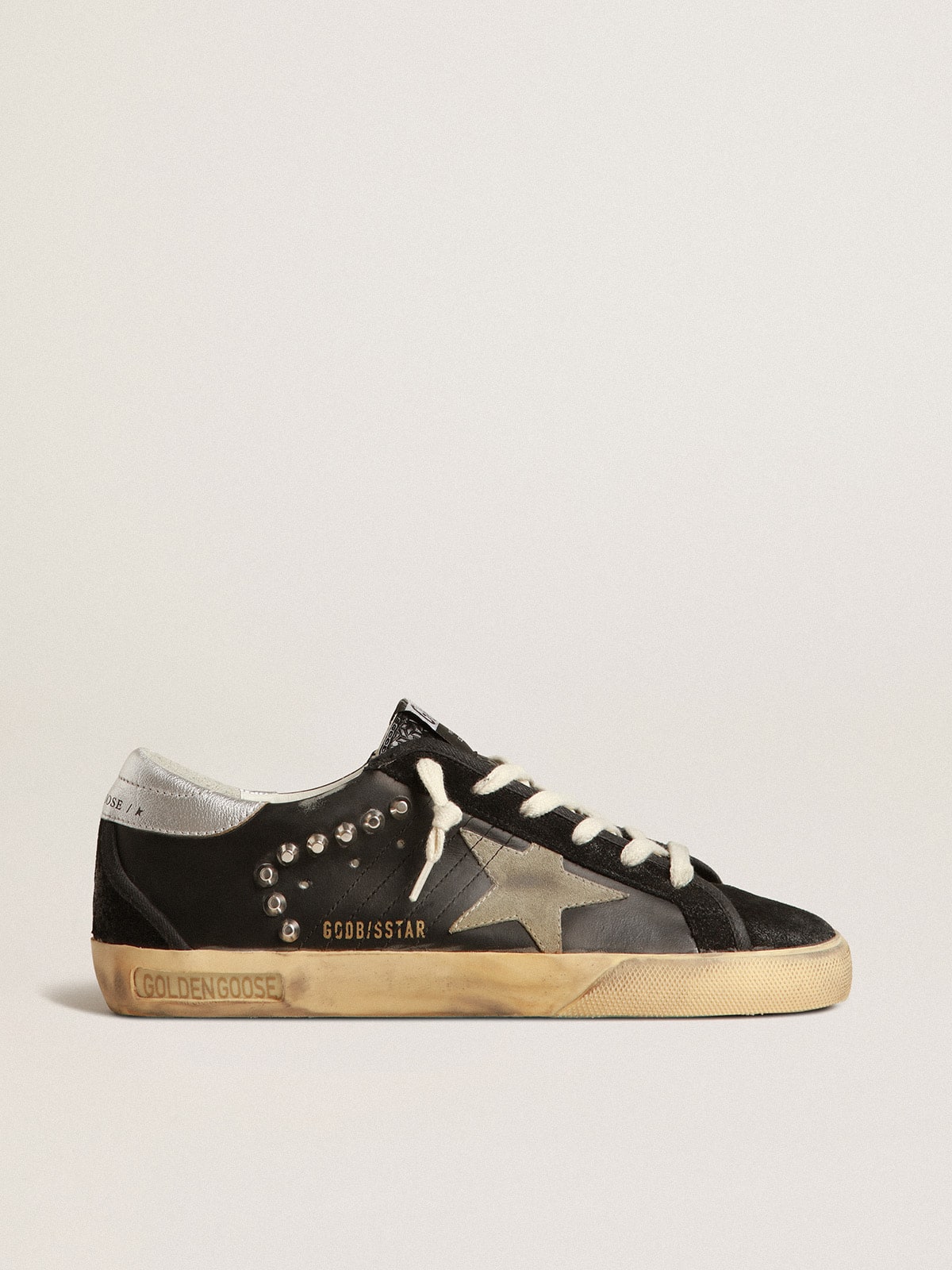 Women's Super-Star in black leather and suede with silver studs| Golden Goose
