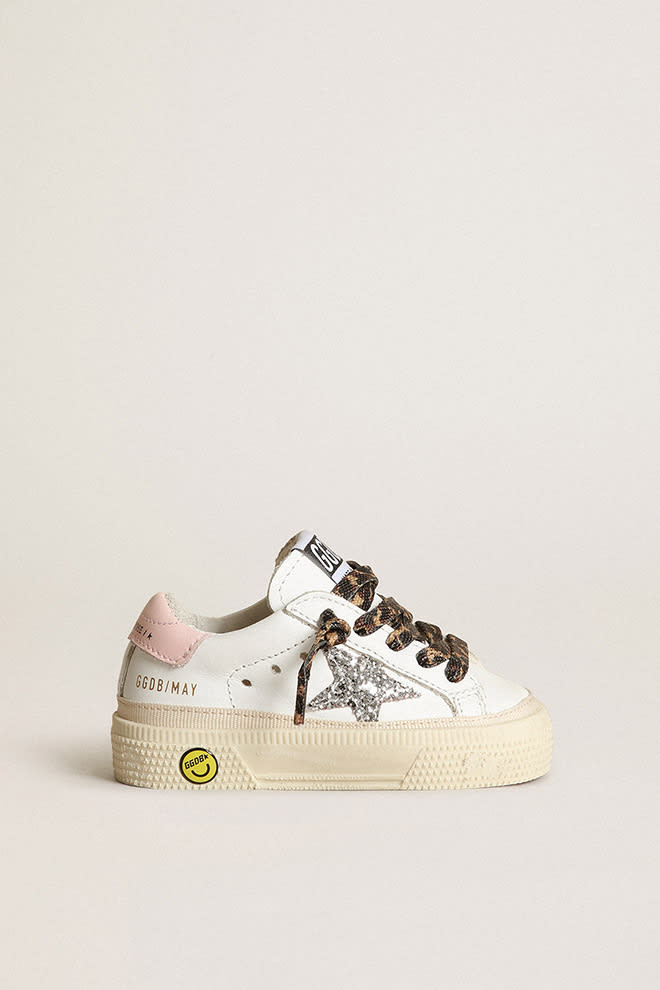 May sneakers with silver glitter star and pink leather heel tab| Golden Goose