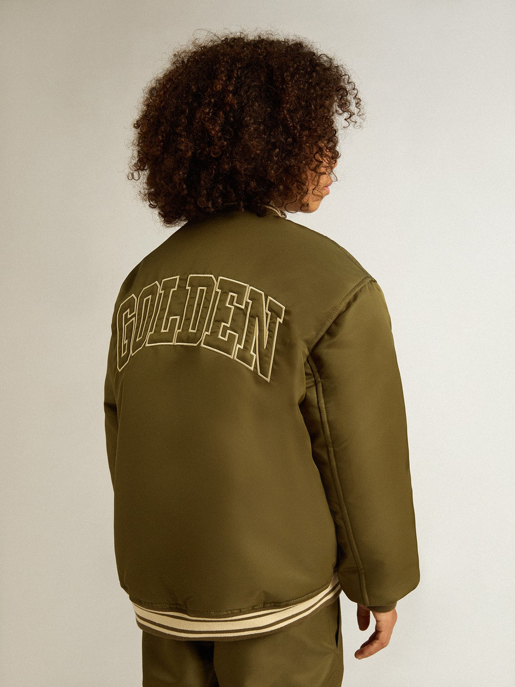 Kids military-green nylon bomber jacket with lettering on the back| Golden Goose