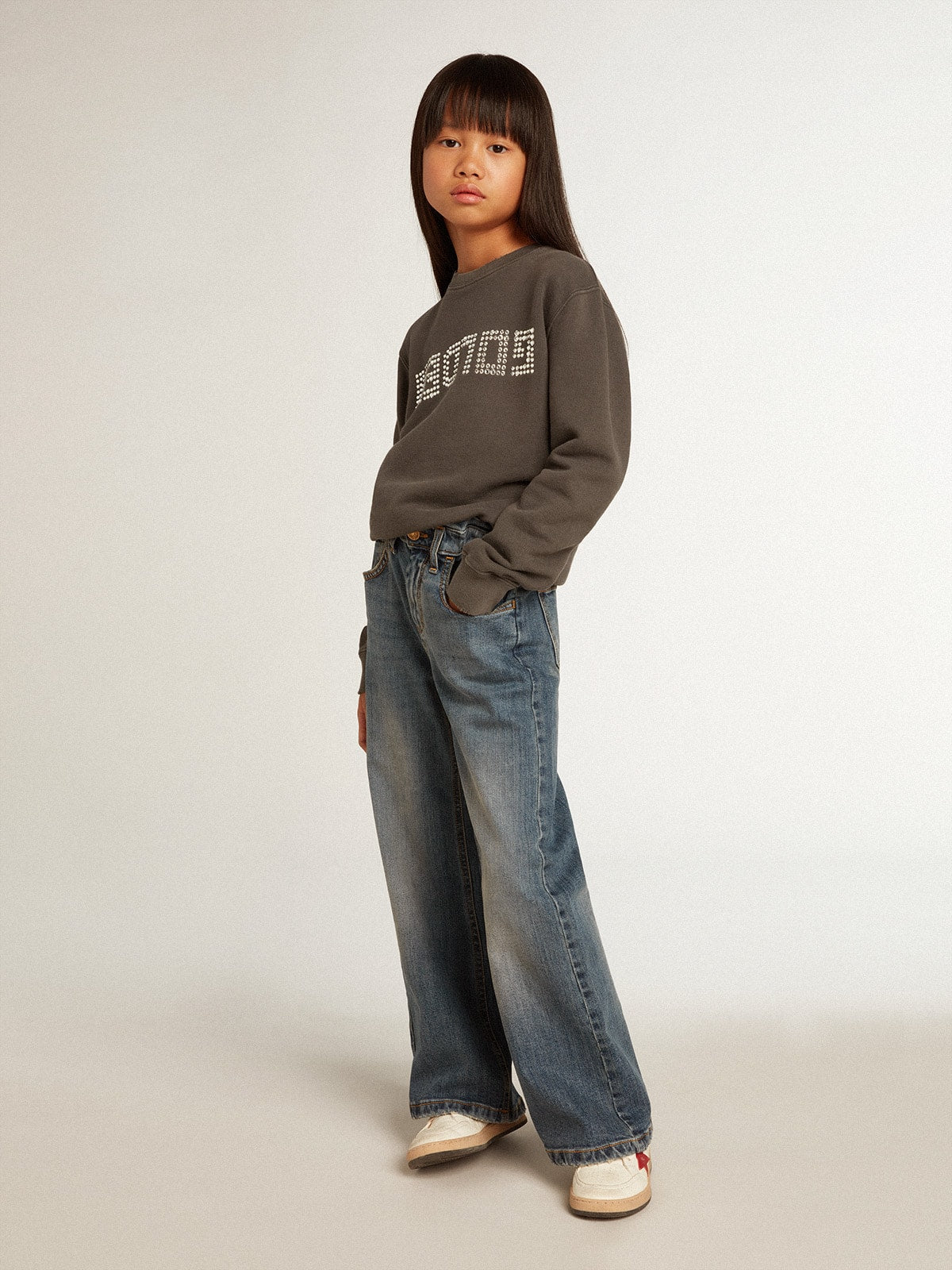Distressed gray sweatshirt with crystal lettering| Golden Goose