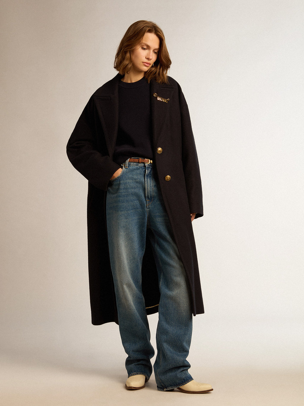 Women's single-breasted cocoon coat in dark blue wool with gold button| Golden Goose
