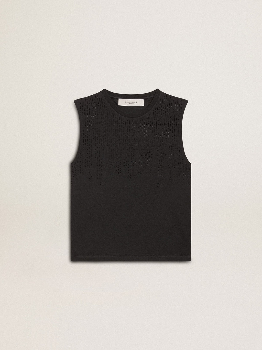 Sleeveless T-shirt in worn-black with tone-on-tone gradient embroidery| Golden Goose