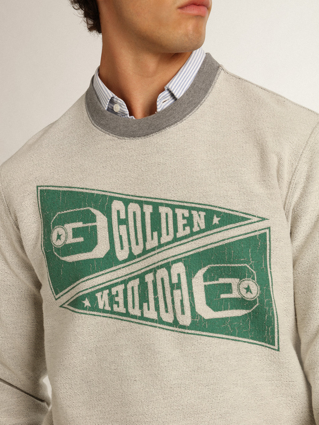 Men's mélange gray sweatshirt with green print| Golden Goose