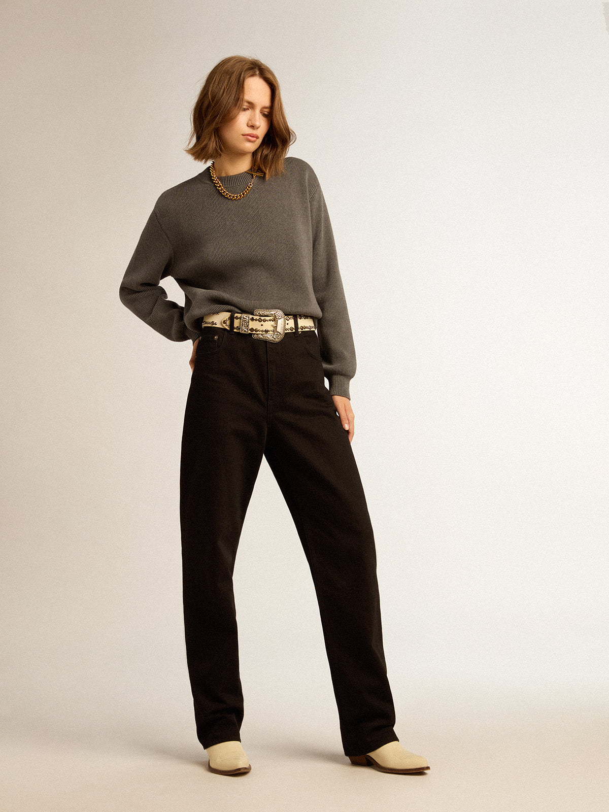 Women's round-neck sweater in dark gray cotton with logo on the back| Golden Goose