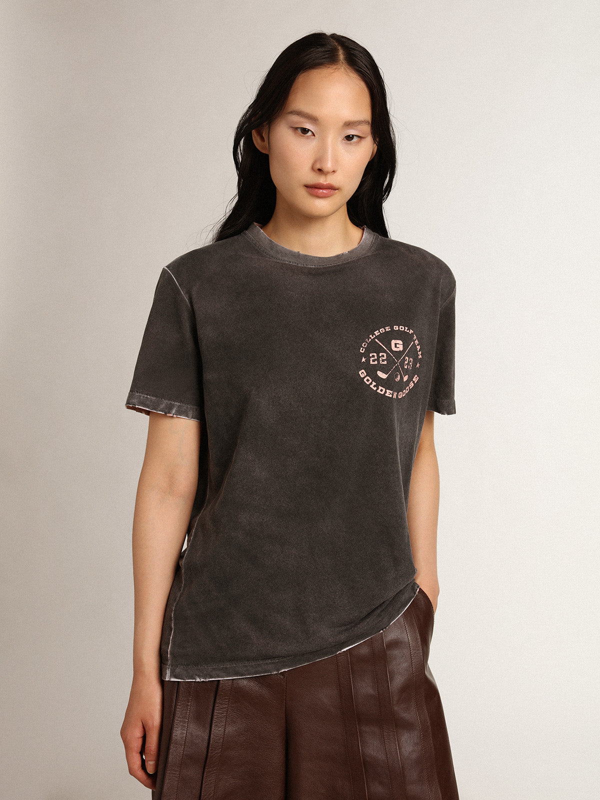 Women's gray T-shirt with print on the front| Golden Goose