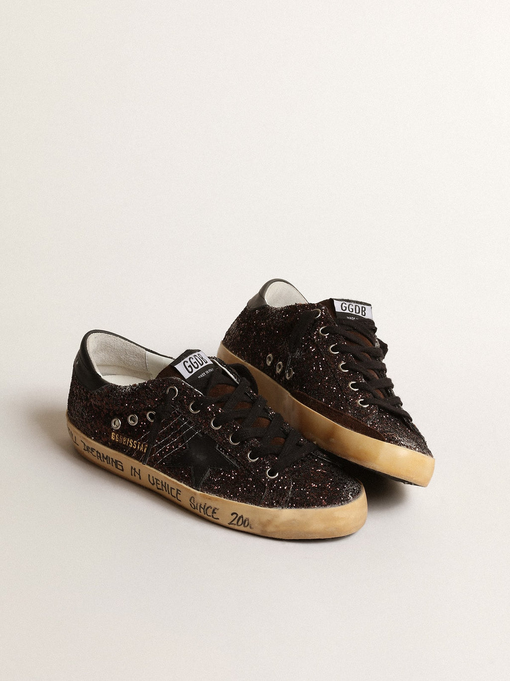 Super-Star in brown glitter with black leather star and heel tab| Golden Goose