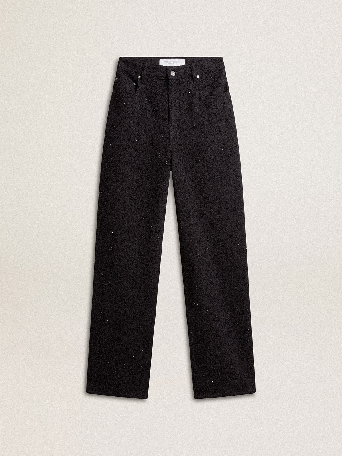 Women's cotton denim pants with crystal and stone decoration