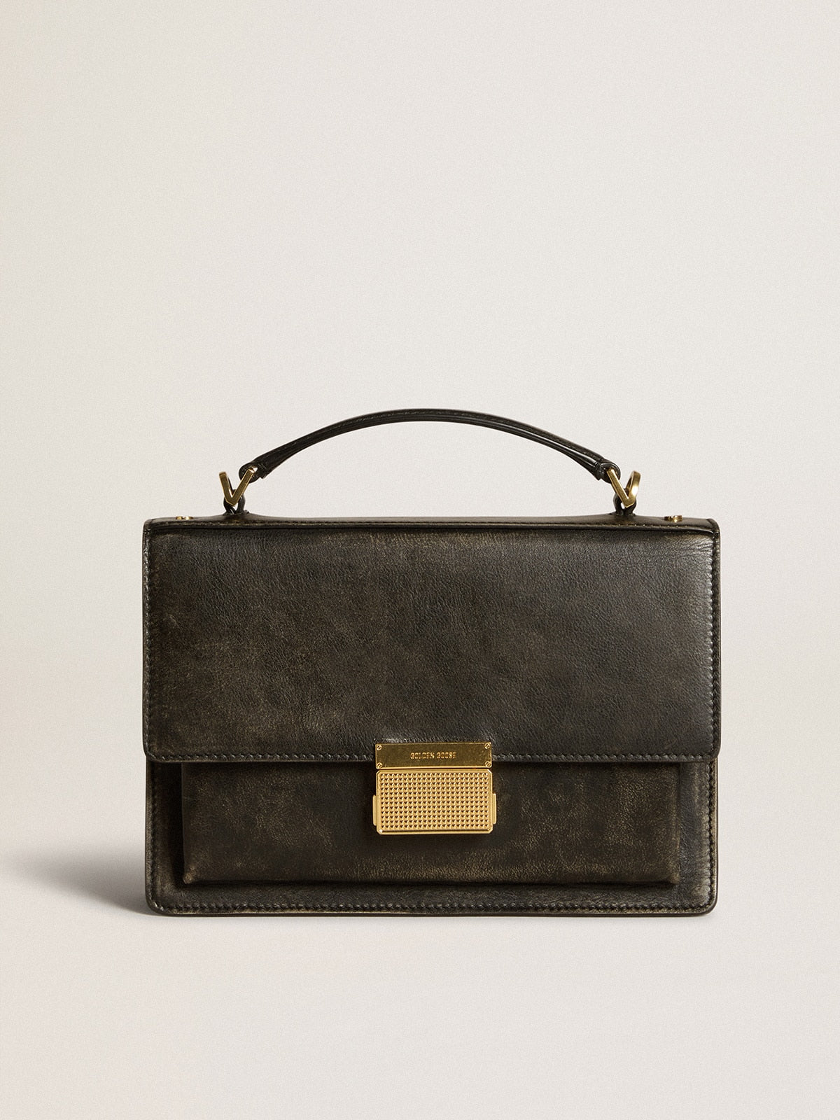 Venezia Bag in black distressed leather with gold details| Golden Goose