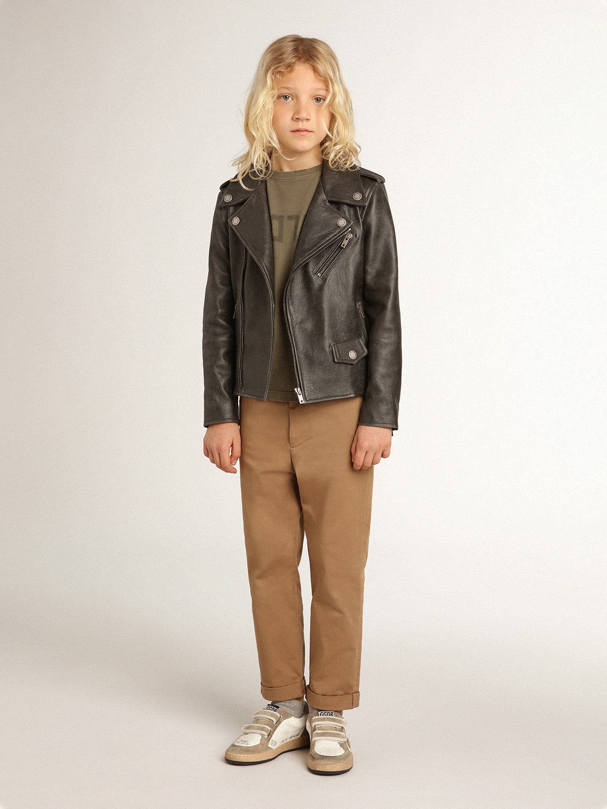 Boys' biker jacket in distressed leather| Golden Goose