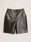 Black leather Bermuda shorts with lived-in effect| Golden Goose