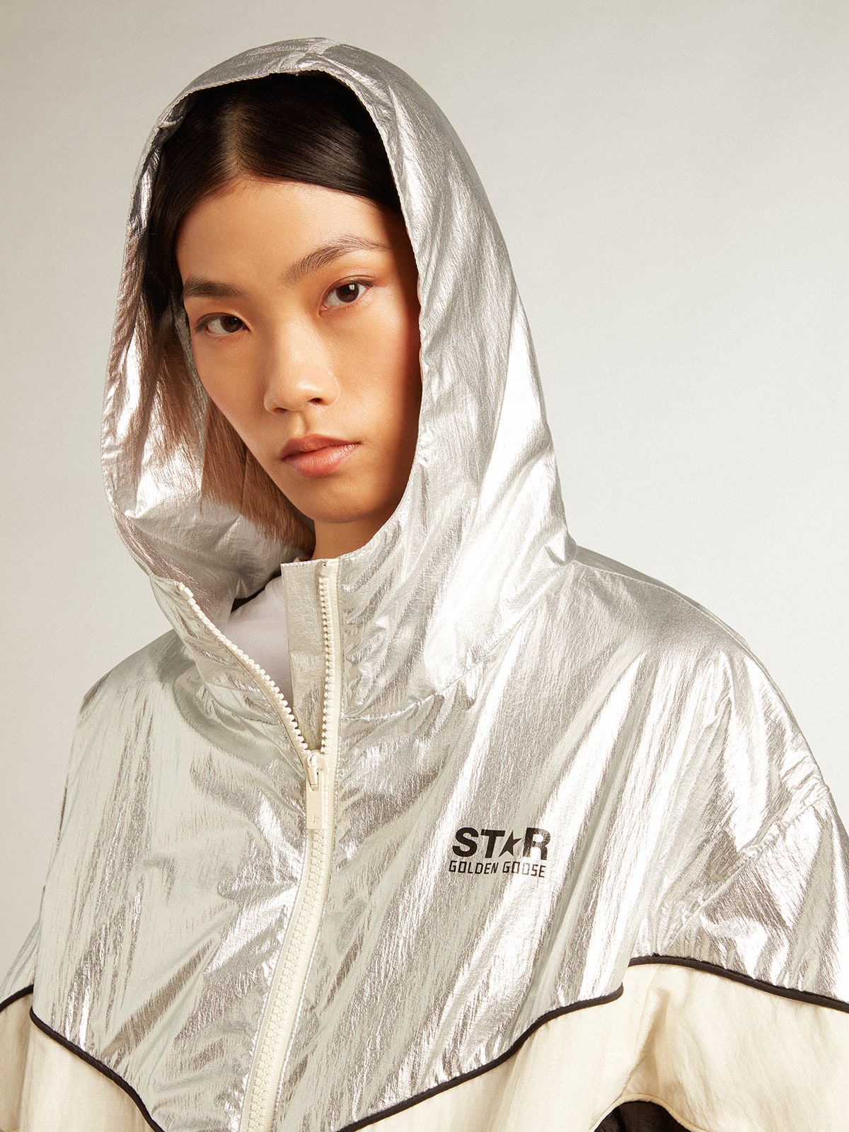 Women's windcheater in silver and black technical fabric| Golden Goose