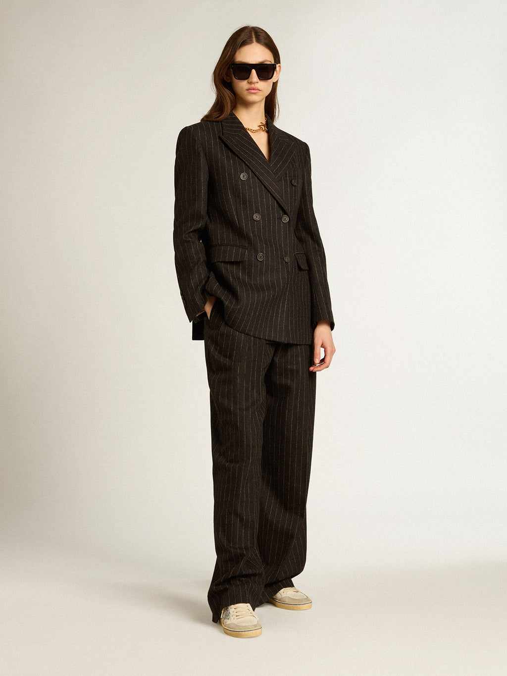 Women's double-breasted blazer in gray melange wool| Golden Goose