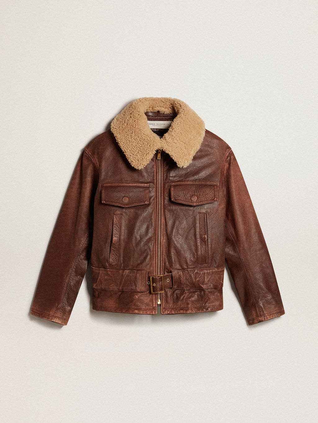 Wood-colored jacket with detachable shearling collar| Golden Goose