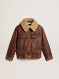 Wood-colored jacket with detachable shearling collar| Golden Goose