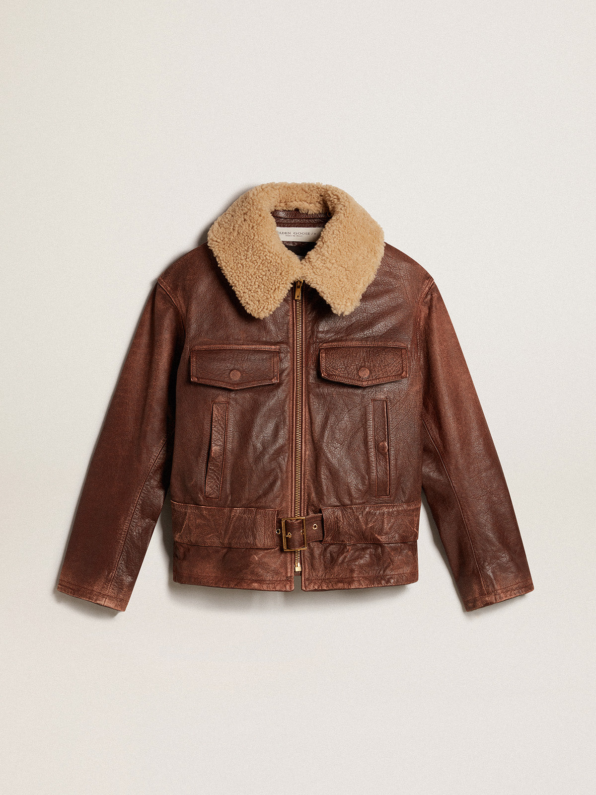 Wood-colored jacket with detachable shearling collar| Golden Goose