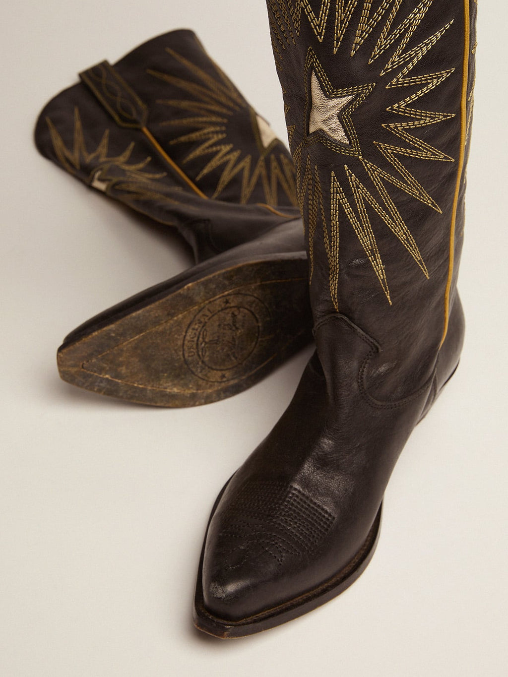 Wish Star boots in black leather with platinum laminated leather inlay star| Golden Goose