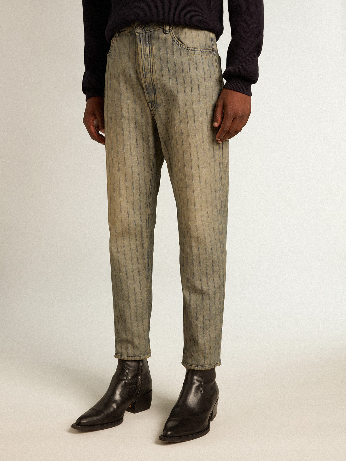 Men's gray pants in striped denim| Golden Goose