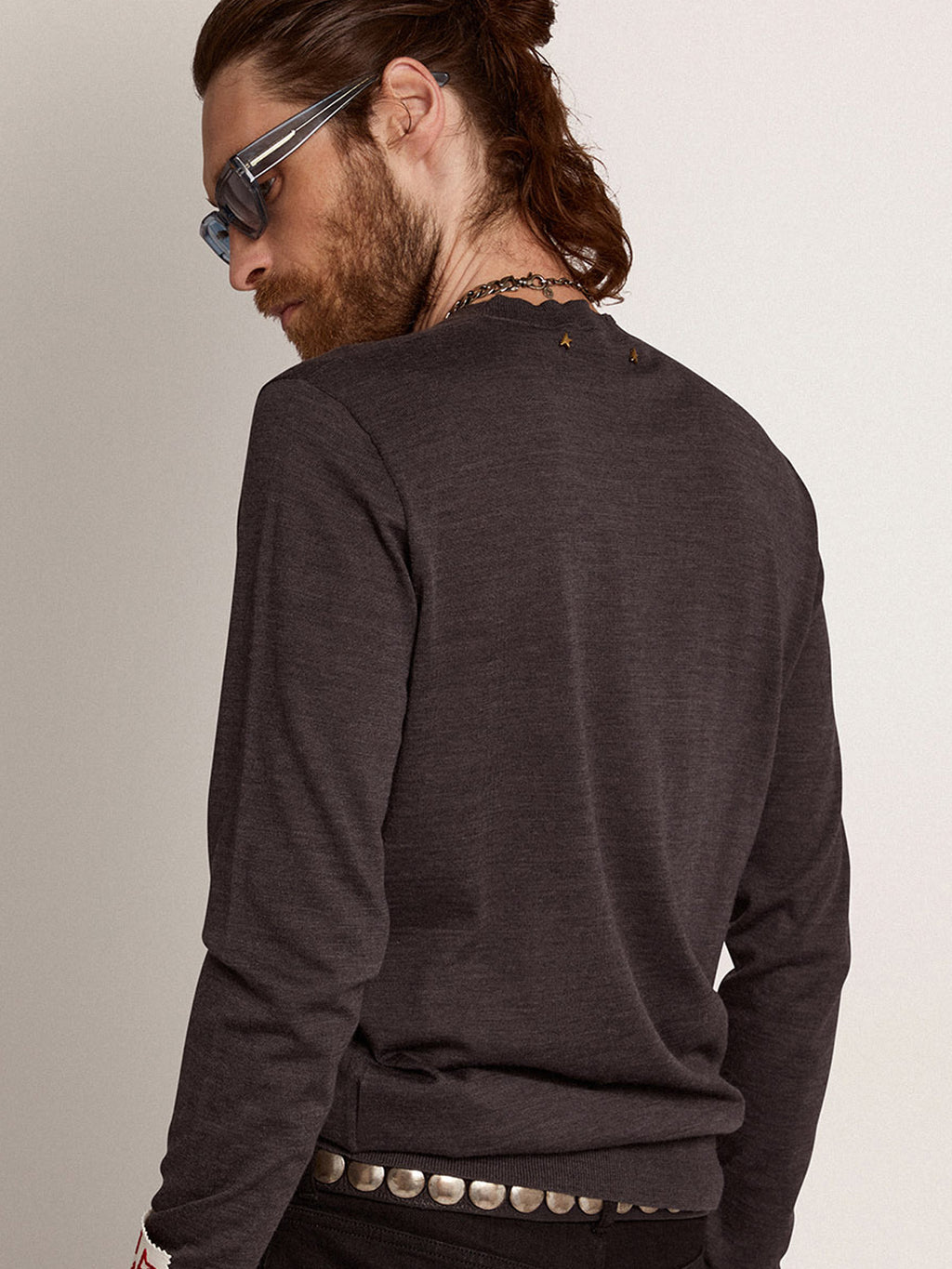 Men's round-neck sweater in dark gray mélange wool| Golden Goose