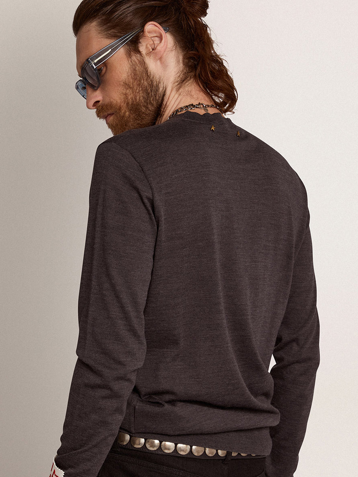 Men's round-neck sweater in dark gray mélange wool| Golden Goose