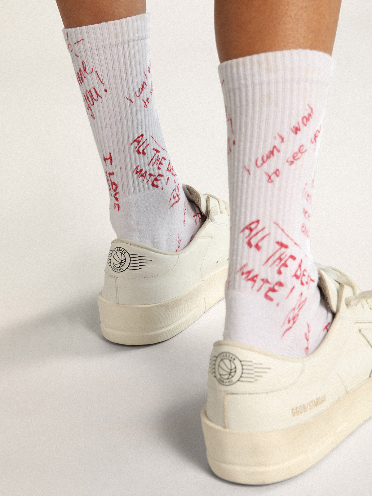 White socks with red lettering print| Golden Goose