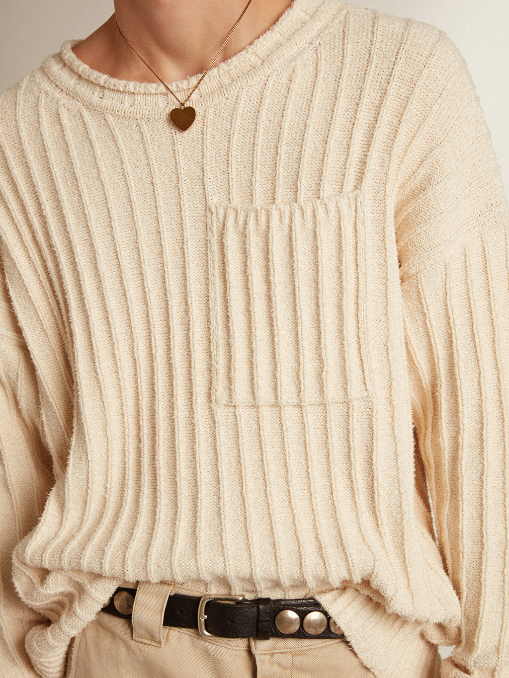 Round-neck sweater in papyrus-colored cotton-blend yarn| Golden Goose