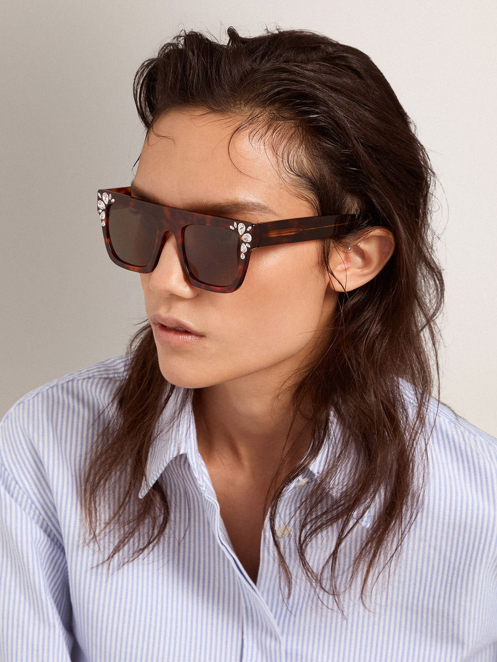 Square model sunglasses with havana frame and crystals| Golden Goose