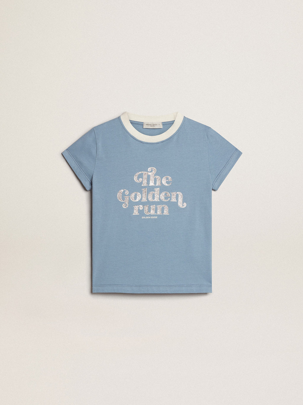 Girls' light blue cotton T-shirt with print and crystals| Golden Goose