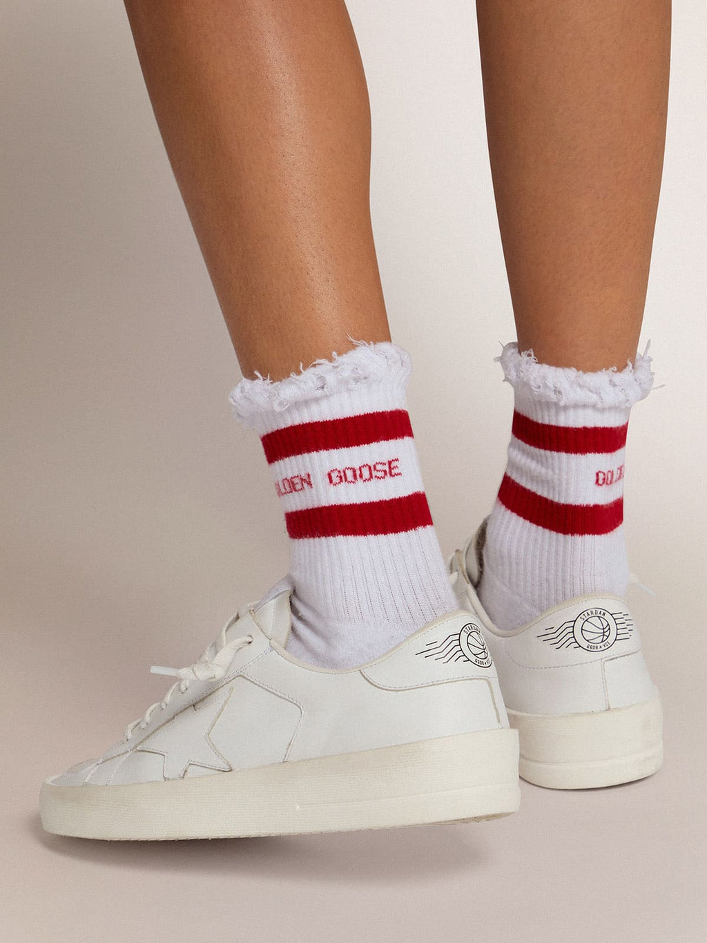 White socks with distressed details and red stripes| Golden Goose