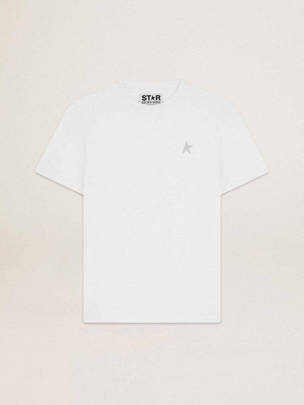 Men's white T-shirt with silver glitter star on the front| Golden Goose