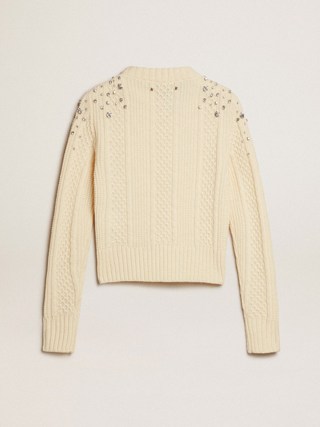 Women's cropped worn-white sweater with decorative crystals| Golden Goose