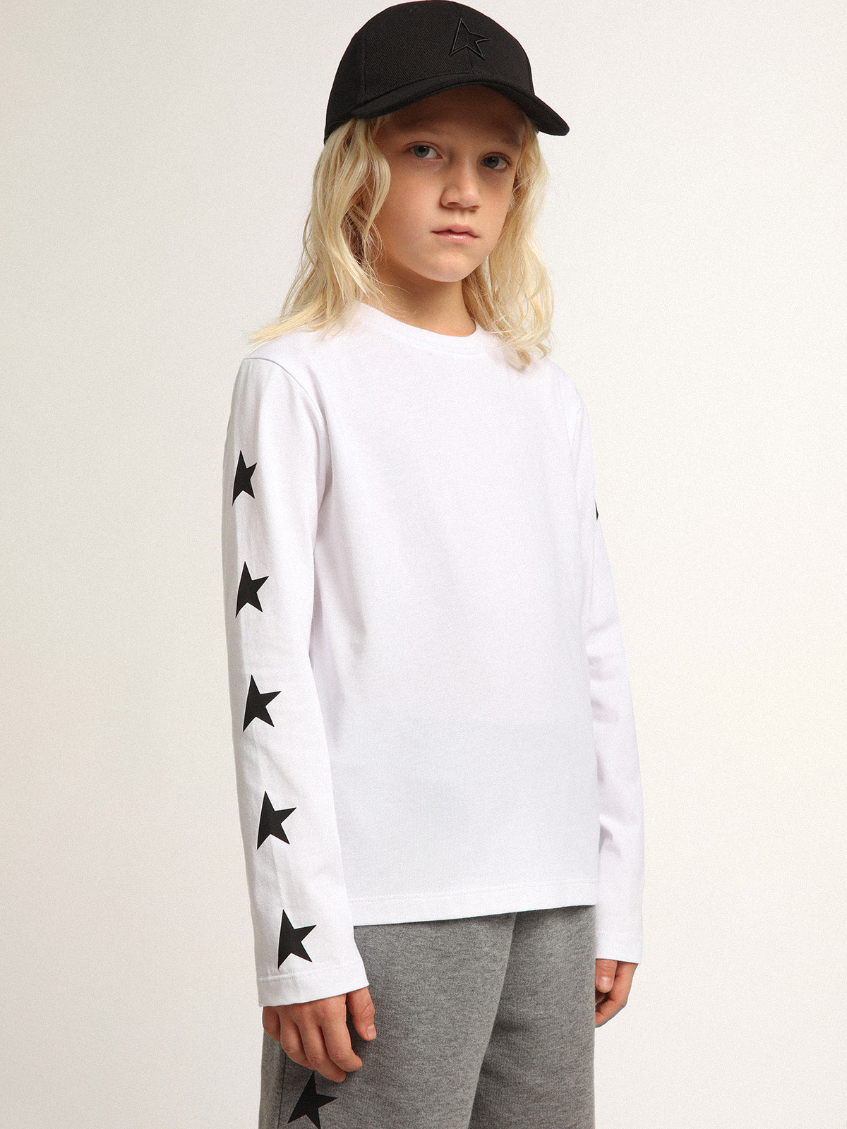 White long-sleeved T-shirt with contrasting black stars| Golden Goose