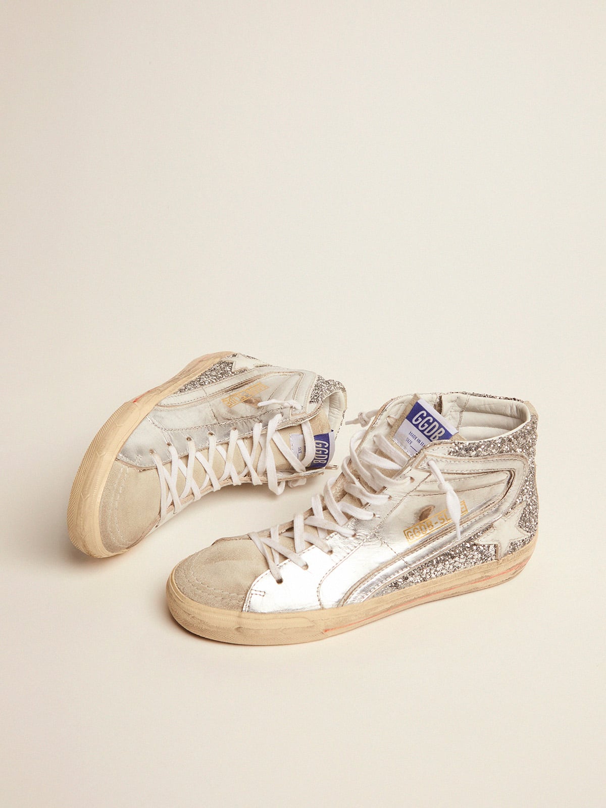 Women's Slide with laminated leather upper and silver glitter| Golden Goose