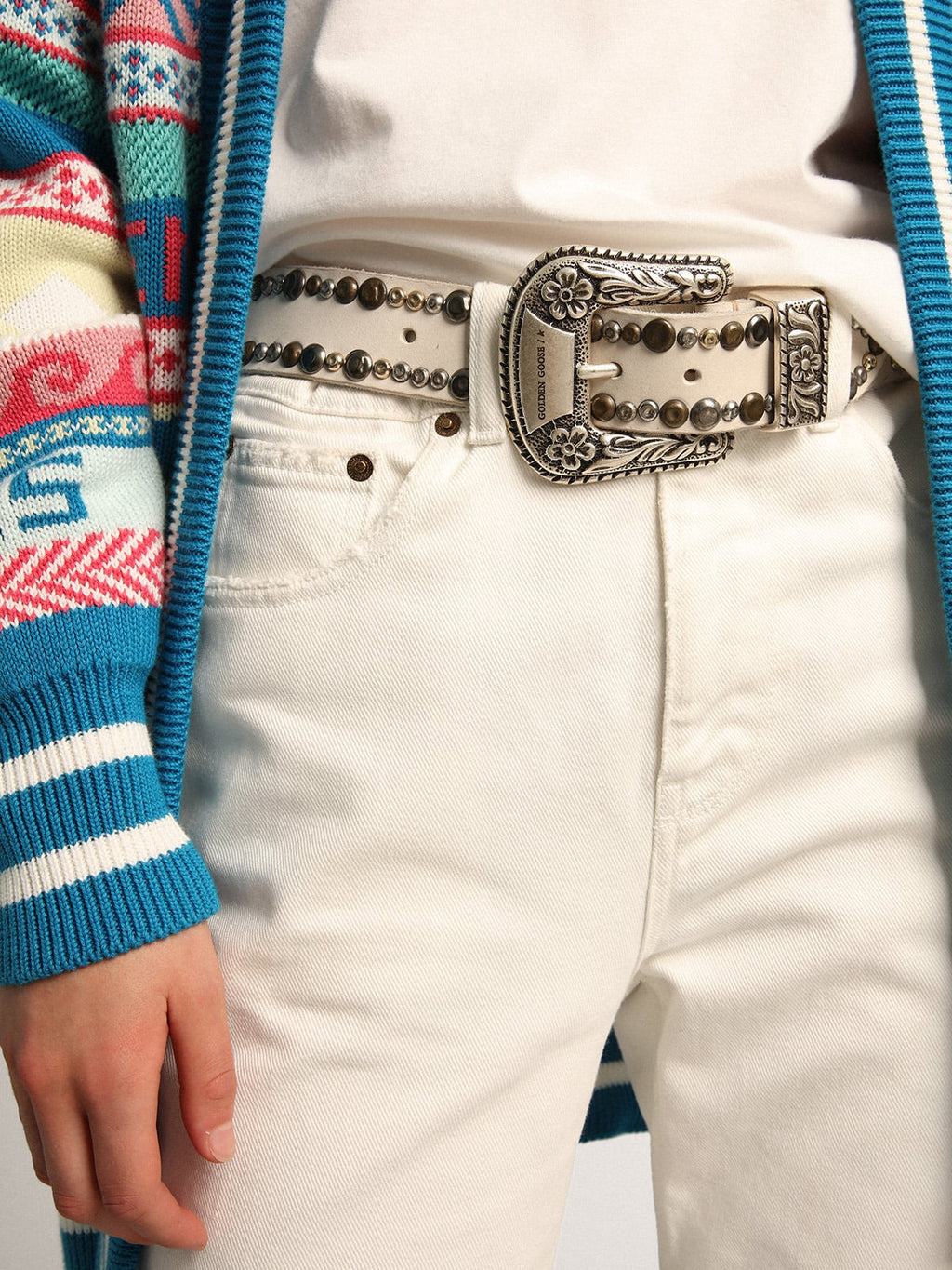 Women's belt in white leather with colored studs| Golden Goose
