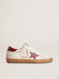 Super-Star in white suede with burgundy leather star and heel tab| Golden Goose