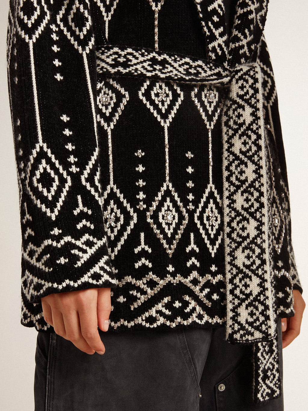 Women's black cardigan with belt and crystals| Golden Goose