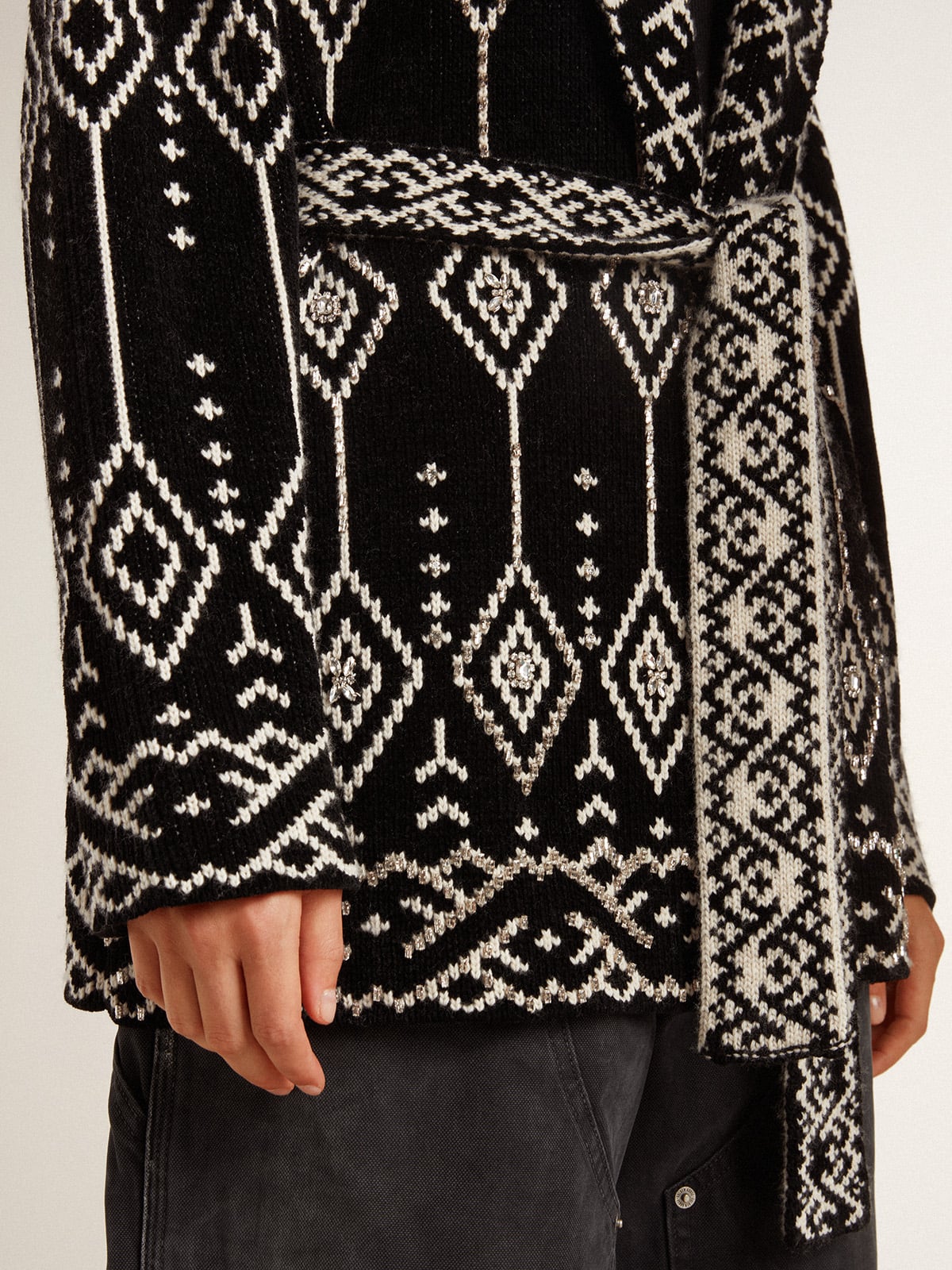 Women's black cardigan with belt and crystals| Golden Goose