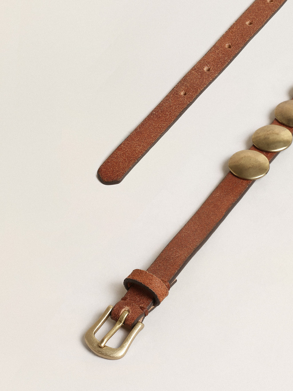 Trinidad belt in aged tan-colored leather with golden maxi studs| Golden Goose