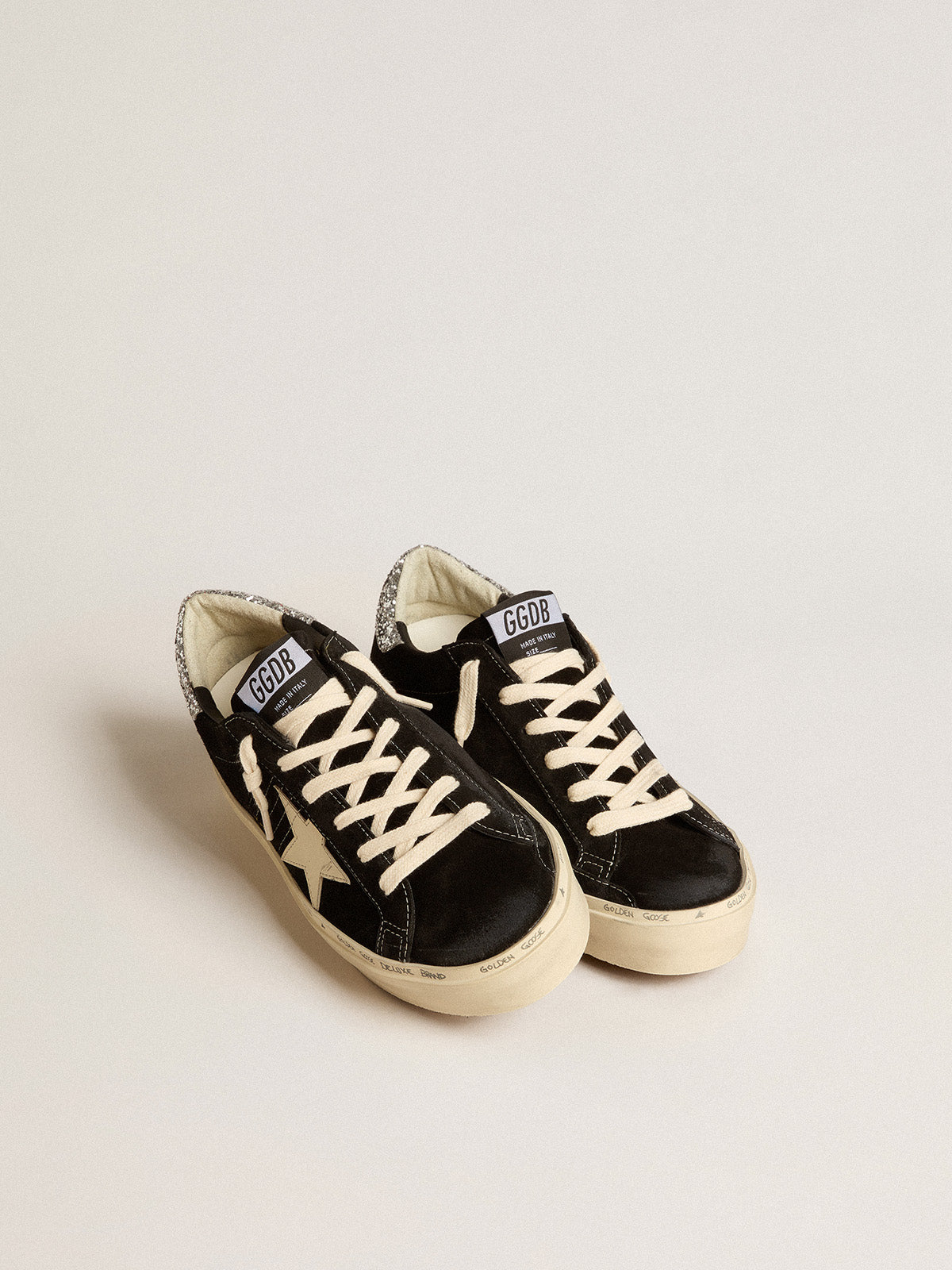 Women's Hi Star in black leather with silver glitter heel tab| Golden Goose