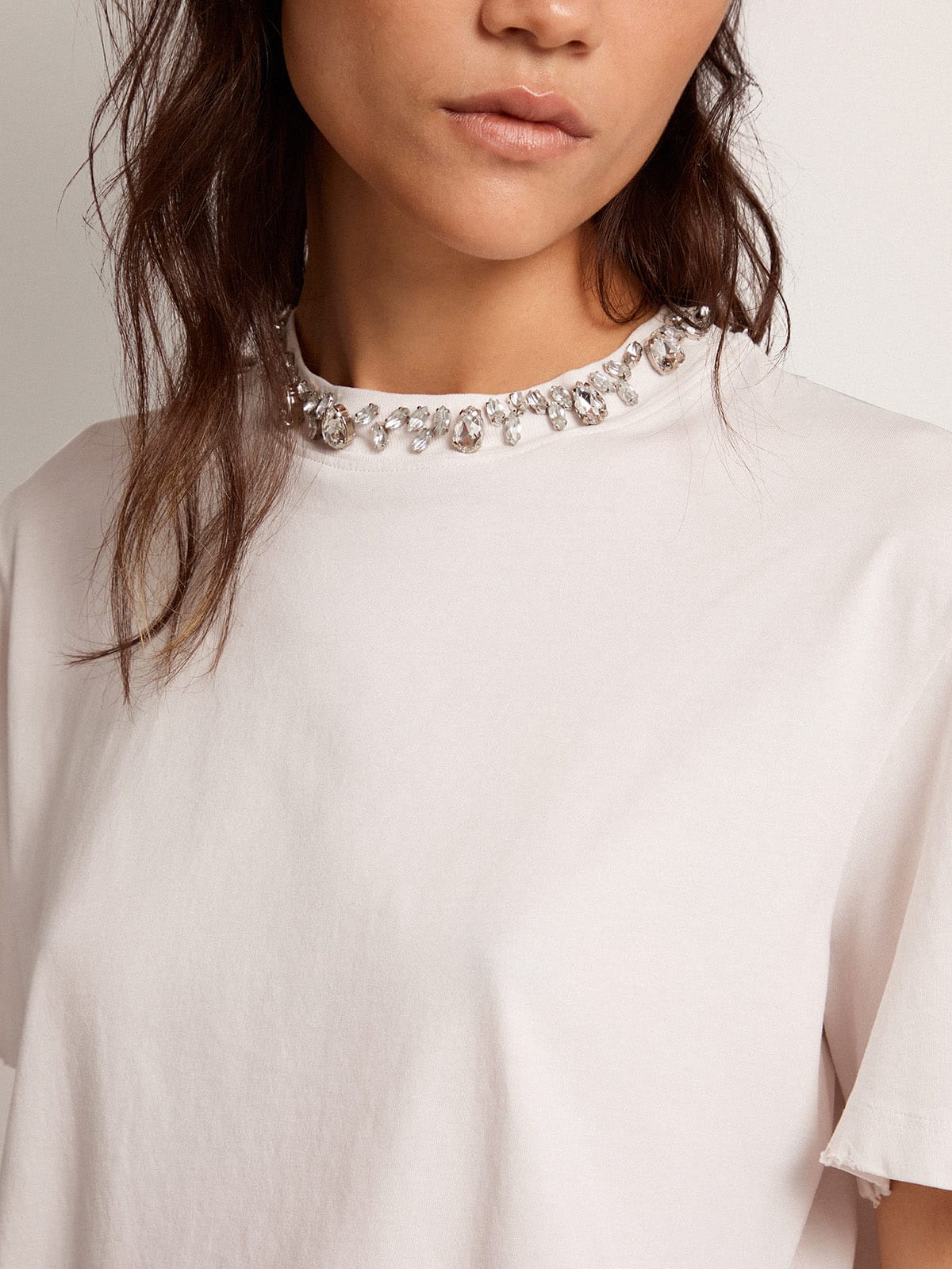 Women's white T-shirt with cabochon crystals| Golden Goose