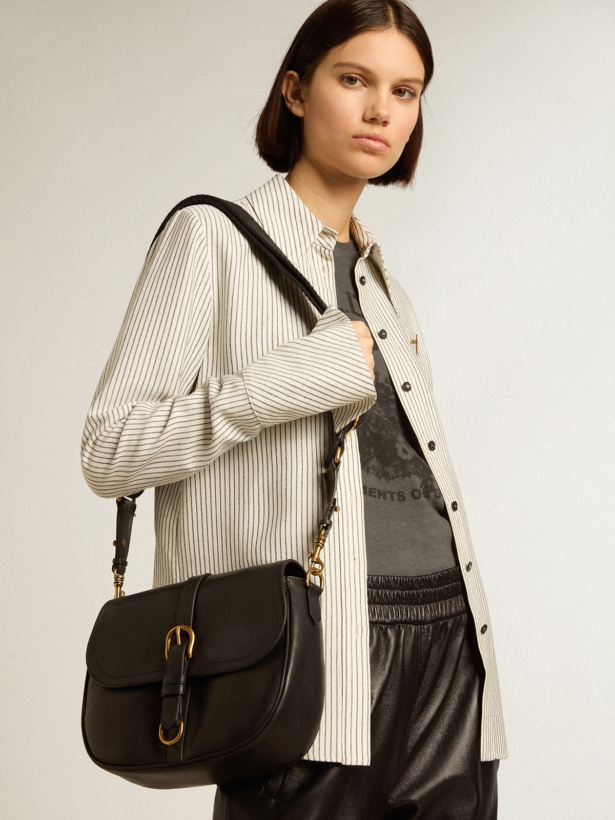 Medium Sally Bag in black leather with buckle and shoulder strap| Golden Goose